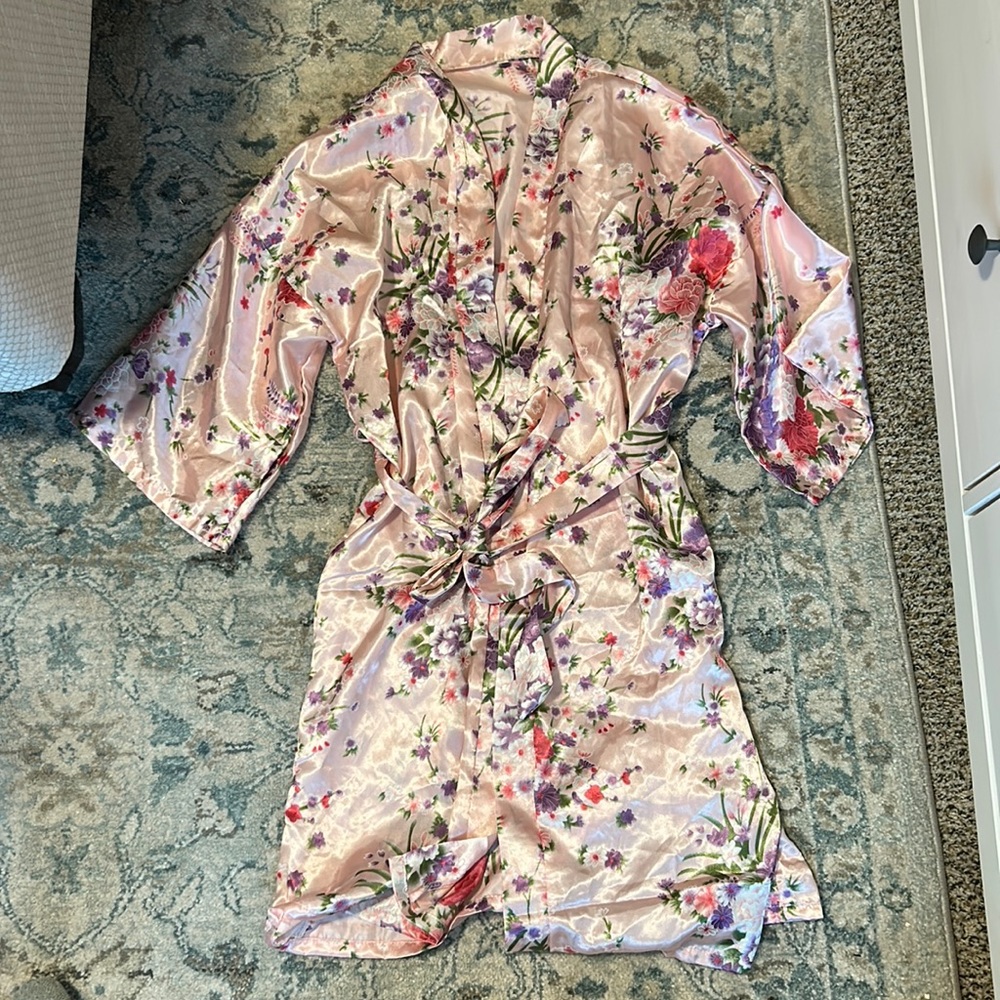 Pink floral satin robe with tie